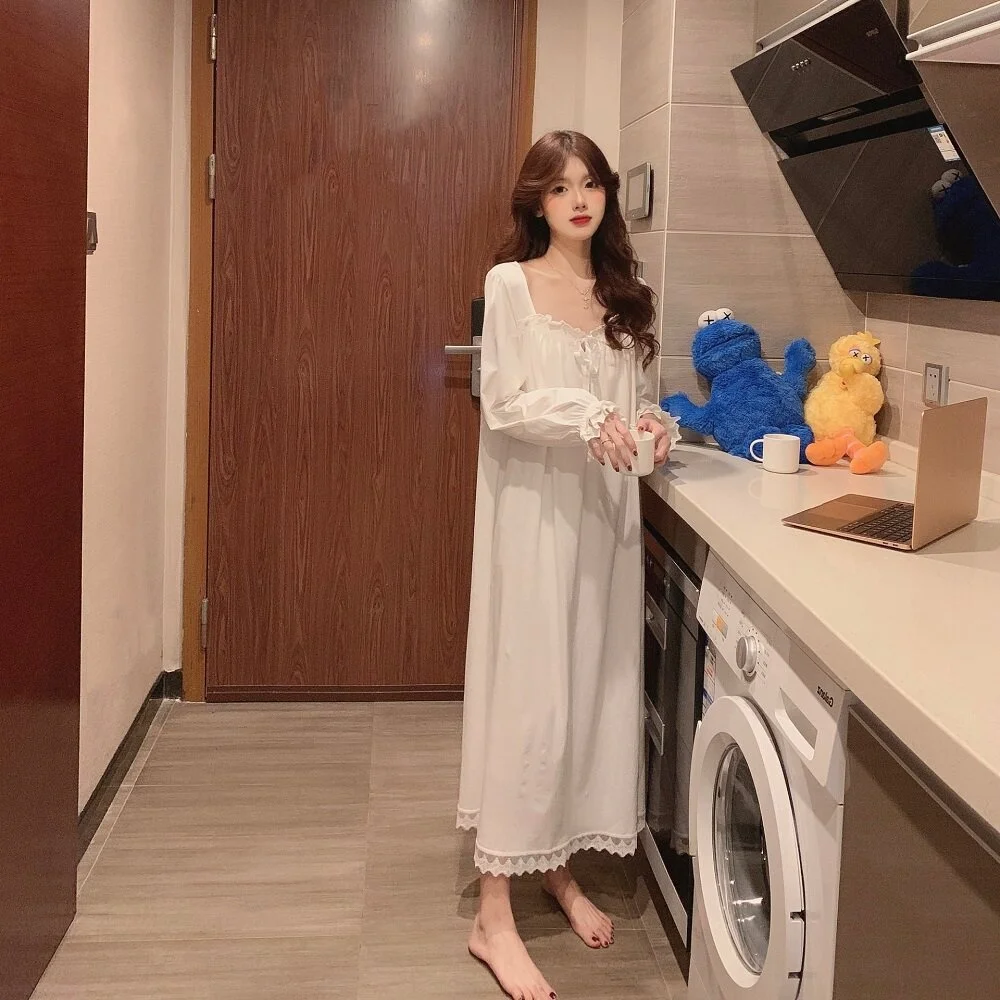 CHUANGERM Women's Four Seasons Long‑Sleeved Lace Court Style Princess Nightgown Korean Loose Plus Size Girls Pajamas