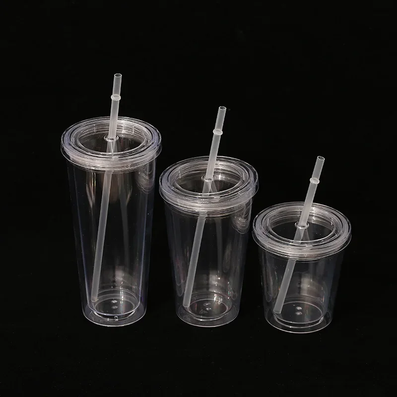 12oz/16oz Reusable Water Bottles Straw Cup Double-layer Insulate Clear Plastic Tumblers With Straw And Round Cover Lid 6pcs/set