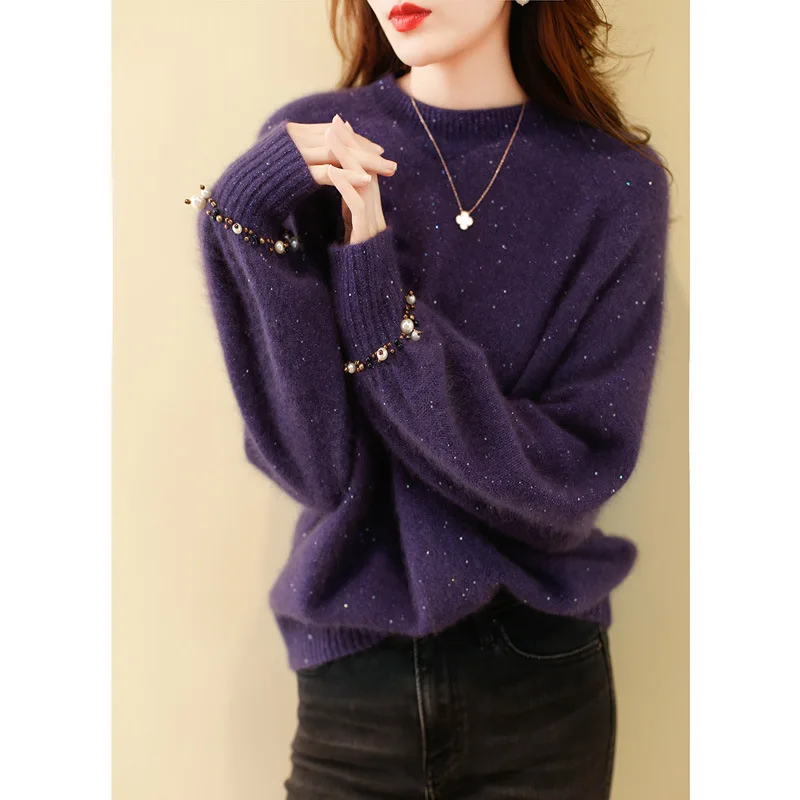 

Шерстяной свитер для женщин, чистая шерсть, нежный и модный вязаный свитер с пайетками, уменьшающий возраст