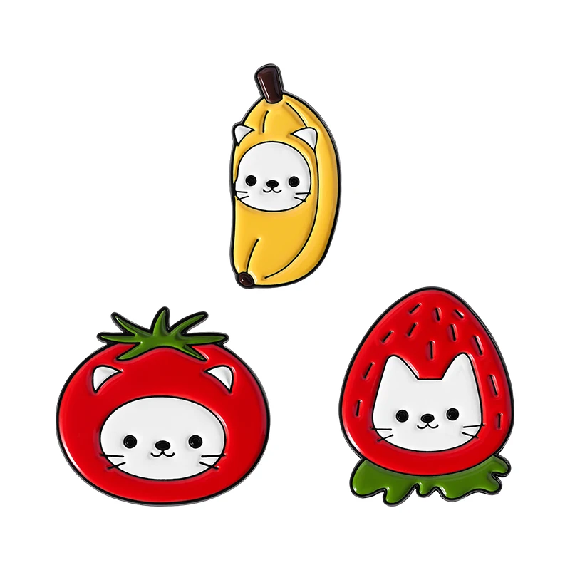 

Cartoon Fruit Cat Enamel Pins Funny Cute Strawberry Banana Tomato Cat Metal Brooches Clothes Lapel Badge Jewelry Gift Friends