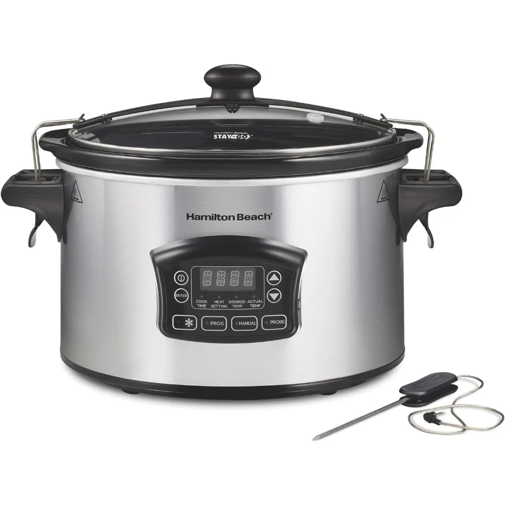 

Portable 6 Quart Slow Cooker & Digital Programmable with Lid Lock, Temperature Probe & Defrost Setting, Dishwasher Safe, Silver