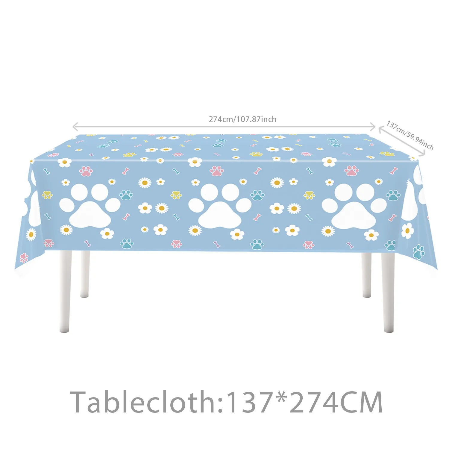 1 pieza de mantel desechable con estampado de huellas de perro, ideal para fiestas, cumpleaños, picnics y para usar en la cocina. Medidas: 137 x 274 cm.