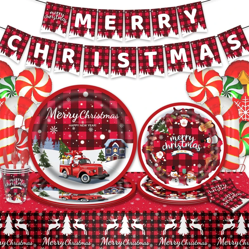 Santa Claus Table Cloth Flag Decoration, Christmas Party Utensils, Snowman Paper Plate Cup, Disposable Tableware Set