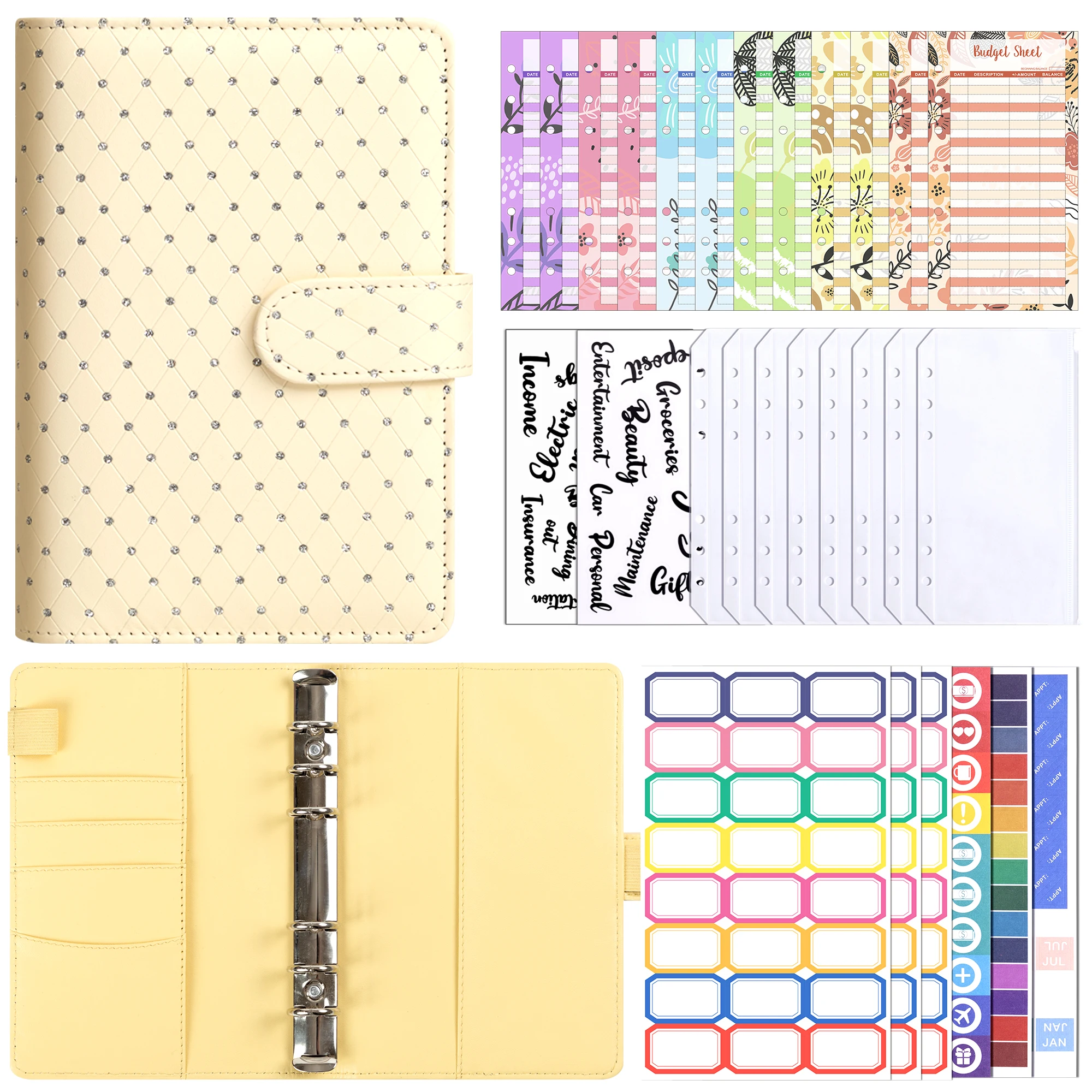 Budget Binder, A6 Diamond PU Leather Binder, Cash Envelopes, Expense Sheets, Challenge Tracker & Category Labels,for Home