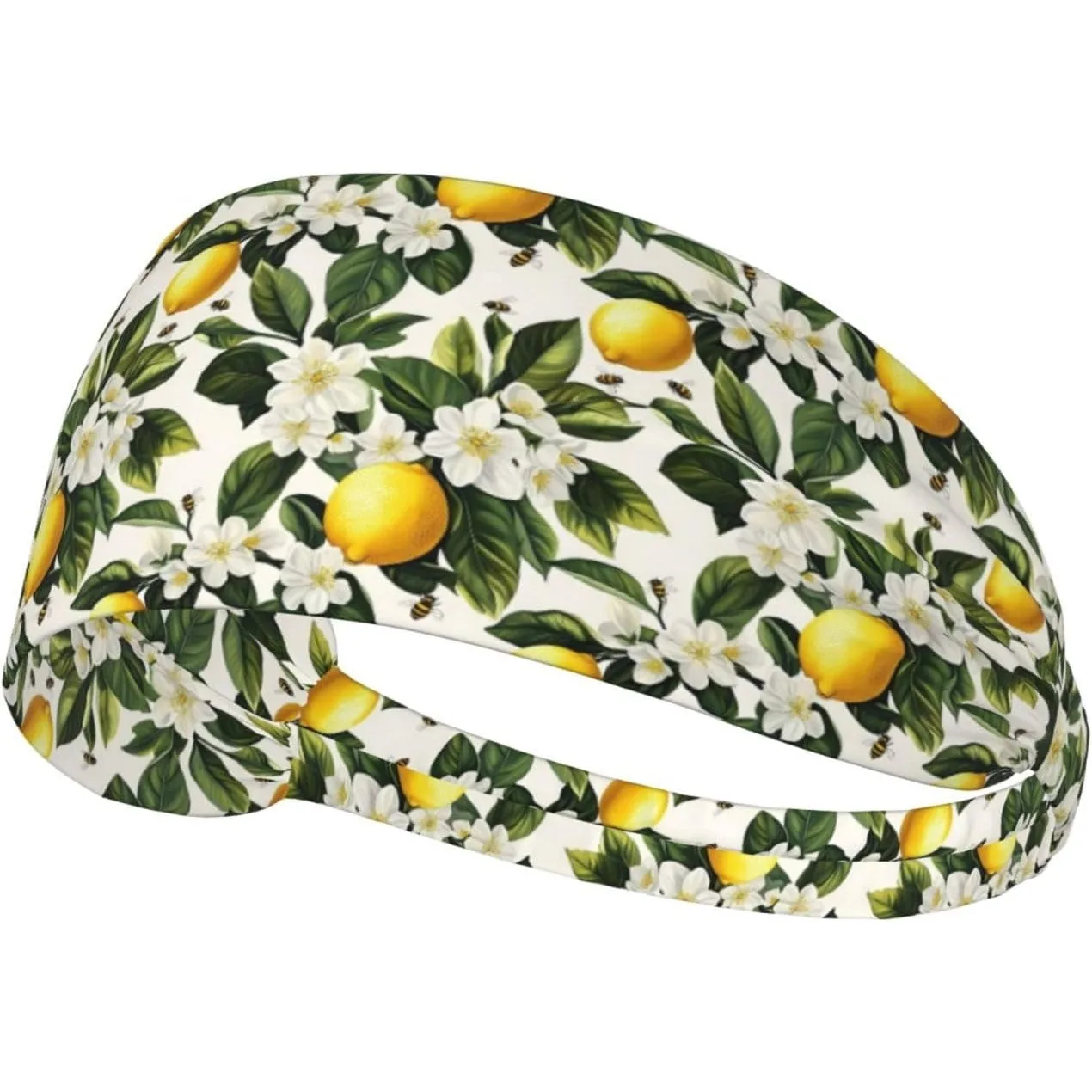 

Workout Headbands for Women White Flower Lemon Print Stretchy Sweat Head Bands for Women Hair