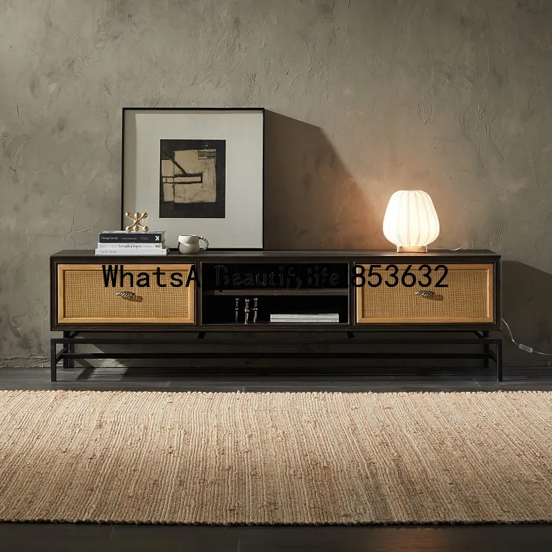 

GZ Nordic modern minimalist retro medieval solid wood TV cabinet living room rattan floor cabinet