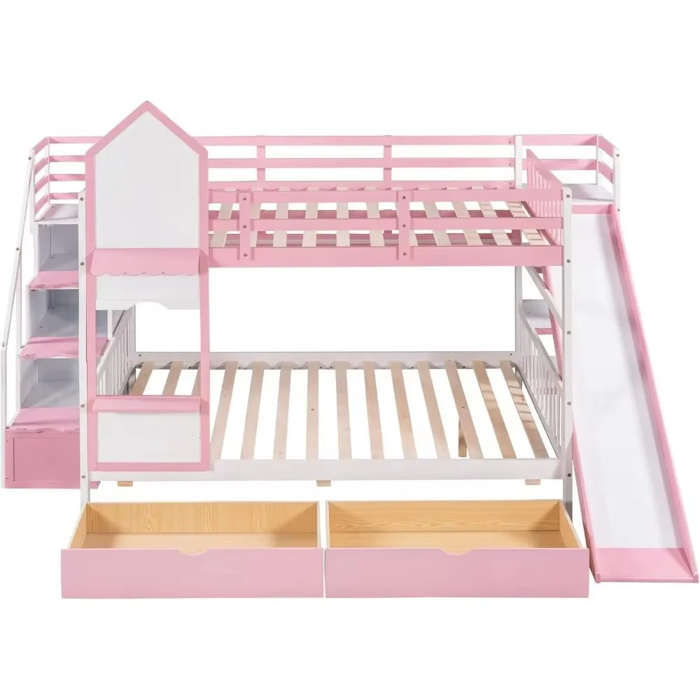 Cama rosa completa, beliche estilo castelo com 2 gavetas e 3 prateleiras, beliche de madeira maciça com escorregador e escada de armazenamento