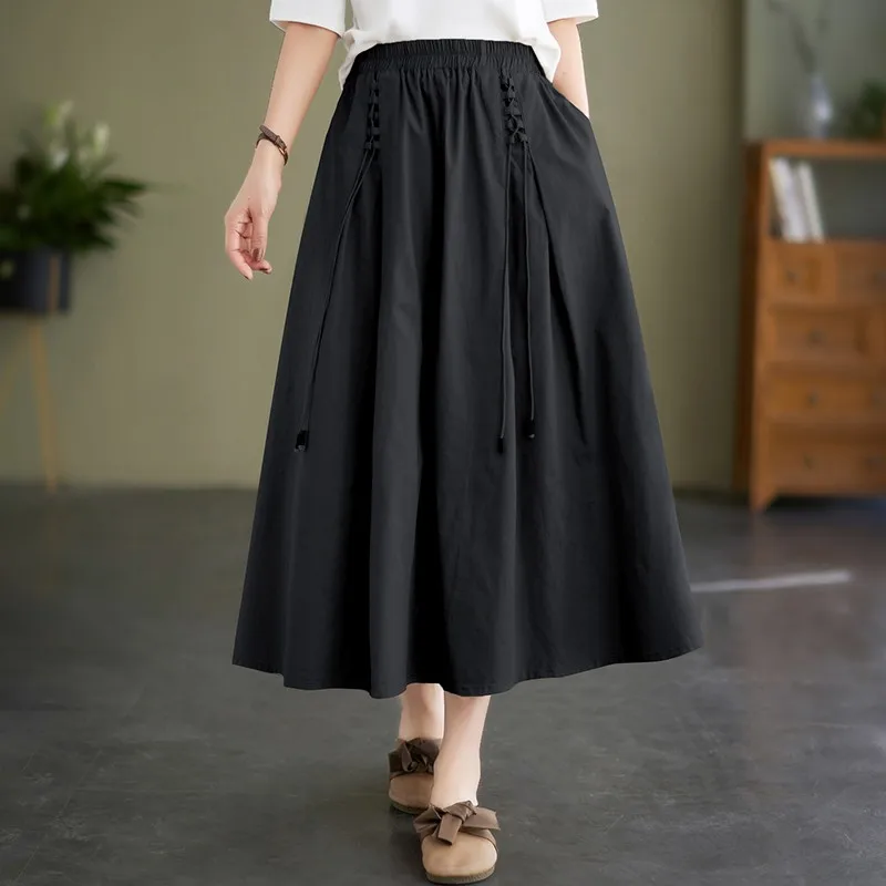 100% Katoenen Vrouwen Casual Lange Rok Nieuwkomer 2024 Zomer Vintage Stijl Effen Kleur Hoge Taille Vrouwelijke A-Lijn Rokken B3653