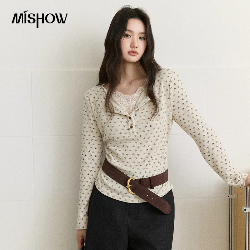 MISHOW Women's Floral Print Lace Splicing Top 2026 Autumn Half Placket Side Ruched Knitted Top Sweet Long Sleeve Tops MXF43T3151