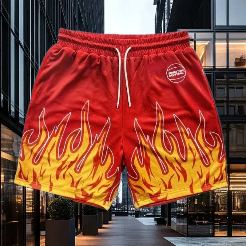 

Новые мужские летние шорты, свободные удобные четырехъядерные брюки, повседневные шорты в стиле Харадзюку с 3D принтом пламени и буквенным принтом, спортивные быстросохнущие шорты