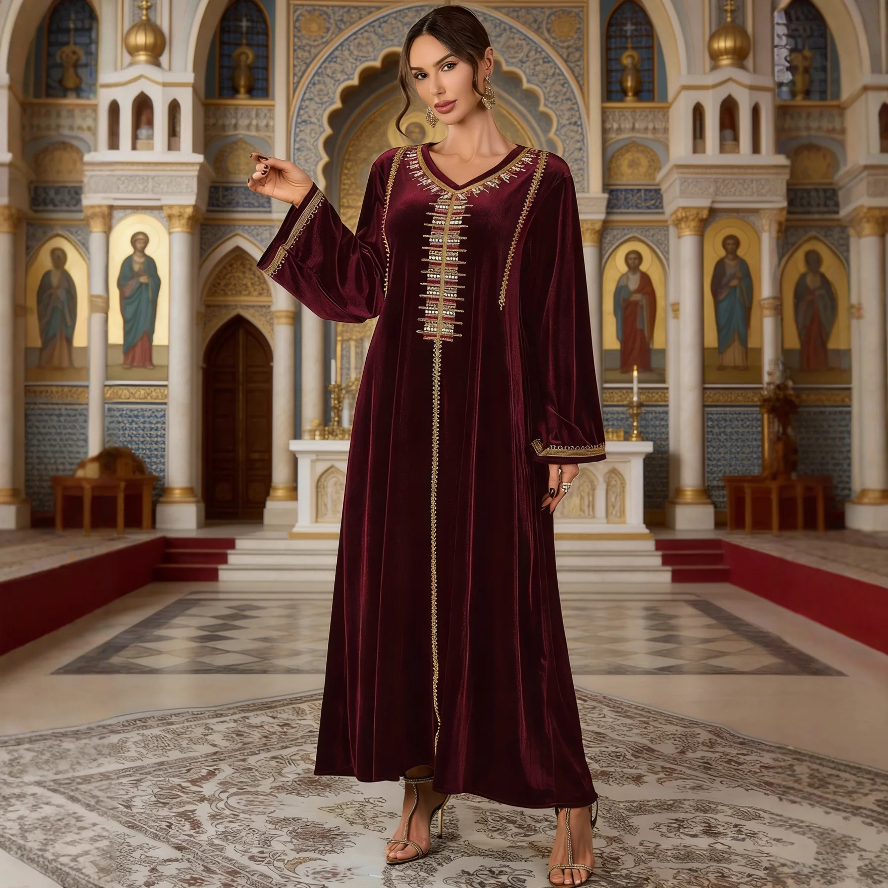Vestido Abaya Eid para Mujer, Terciopelo, con Cuentas, Kaftan, Jalabiya, para Fiesta, Musulmán, Dubai, Vestidos Largos, Ramadán, Marruecos, Caftán, Túnica Larga