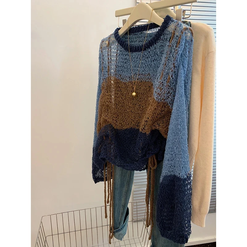 

Blue Hollow out Knitted Sweater Women's Faion Design Unique Korean Sle Early Autumn Clothing Long Sve Regular Length