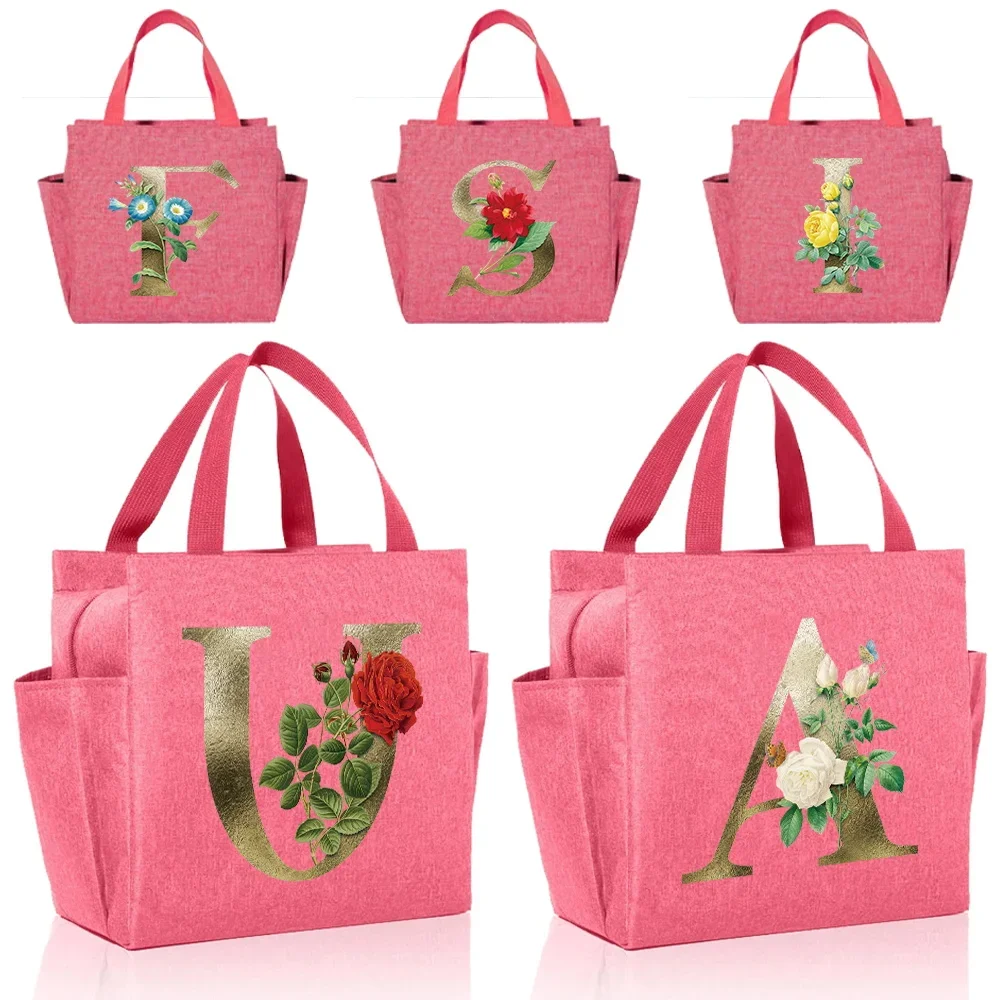 

Lunch Bag Cute Girls Insulation Cooler Bag Pink Lunch Box Fruit Printing Series Picnic Portable Golden Flower Storage Leakproof