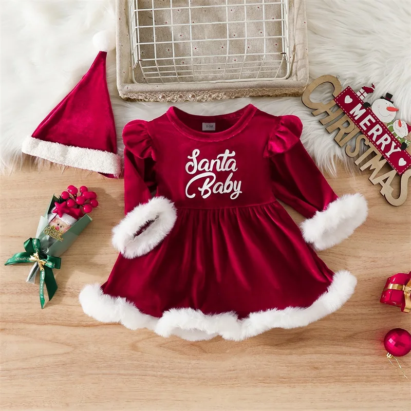 

BeQeuewll Infant Girl Christmas Santa Costume Outfit For Winter Contrast Color Long Sleeve Round Neck A-Line Dress Romper + Hat