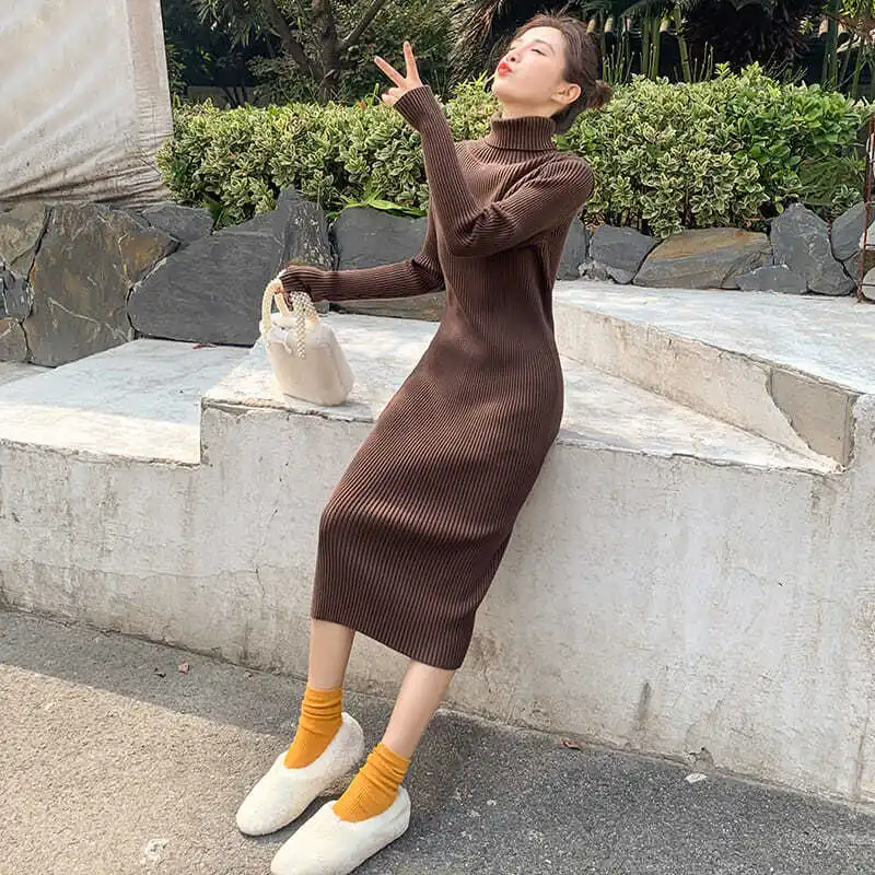 Sukienka damska z golfem, dzianinowa, brązowa, szydełkowa, beżowa, odzież w stylu koreańskim, promocja, nowości, dzianina, Y2k