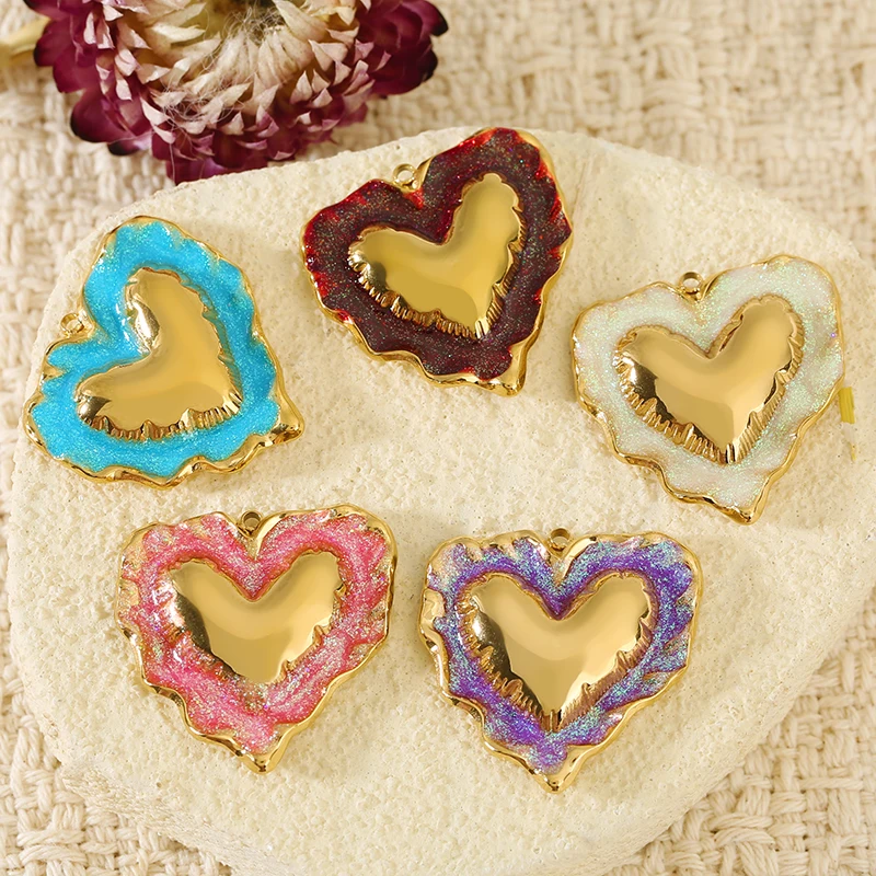 3pcs Stainless Steel Wave Love Heart Charm Enamel Heart Pendant Jewelry Findings Charms for DIY Women Earring Necklace Making view 2