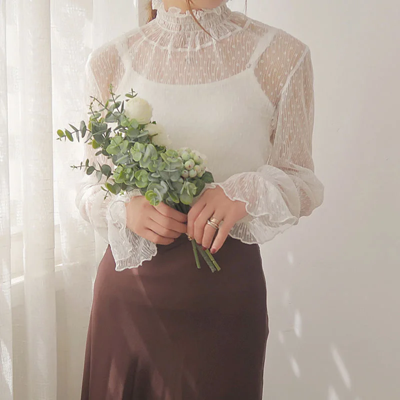 Women Sexy Mesh See Through T Shirt  Long Bell Sleeve Hollow Out Blouse Summer Transparent Sheer High Neck Bottoming Basic Tee