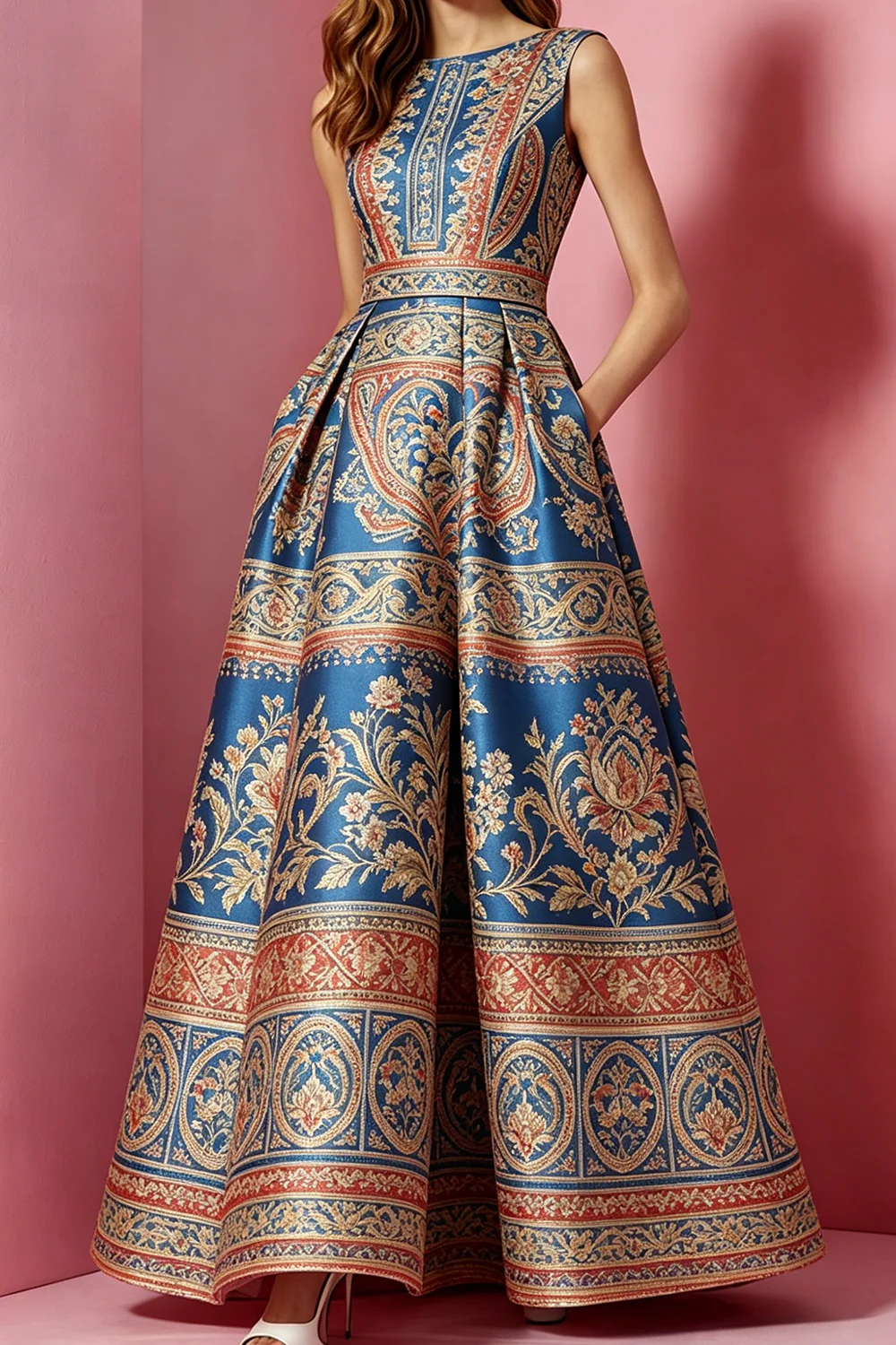 

Women's Summer Ethnic Print Maxi Dress Sleeveless Slim Fit A-Line Dress Floor Length Evening Gown Elegant Fashionable Outfit