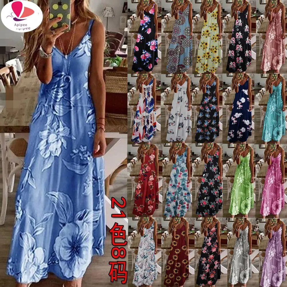 

Summer Beach Dress Sexy Sleeveless Spagetti Strap Dress Print V Neck Boho A Line Dresses For Lady Vestido Mujer