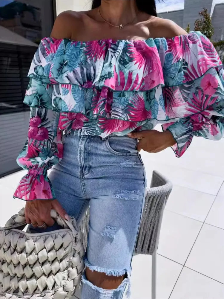 Printed One Shoulder Chiffon Shirts Women Fashion Sexy Off Shoulder Ruffles Long Sleeve Shirt Blouses Ladies Spring Autumn New