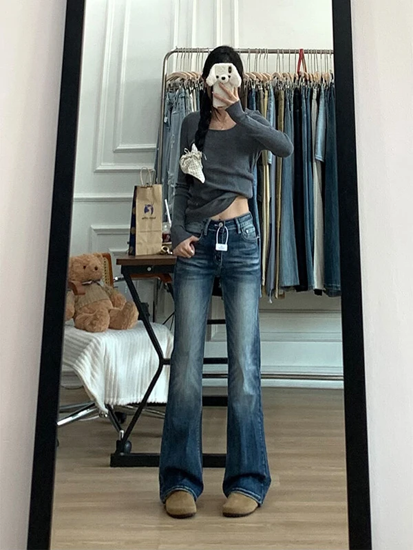 Americano retro queimado jeans feminino cintura baixa solta perna reta perna larga até o chão sino bot outono novo sle pmorh