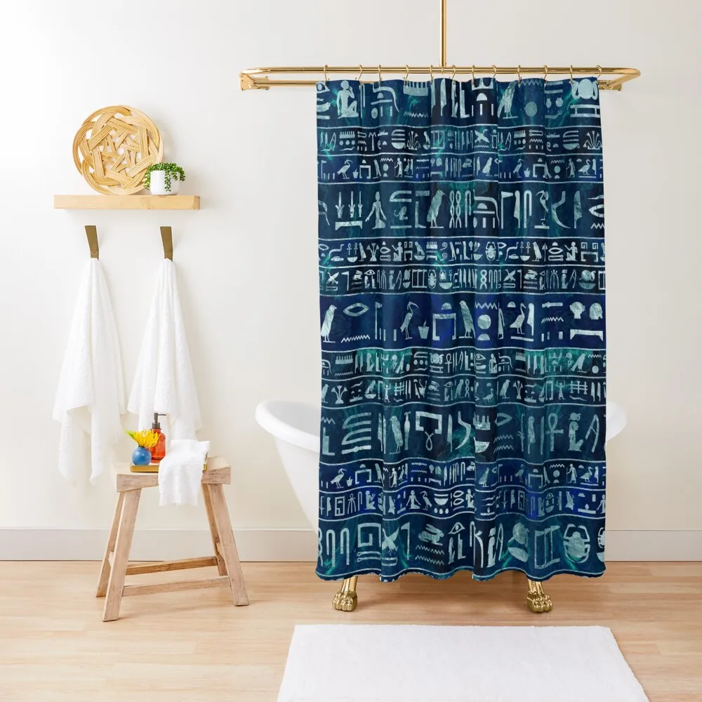 

Egyptian hieroglyphs -silver on blue painted texture Shower Curtain Bathroom Box Anime Bathroom Curtain