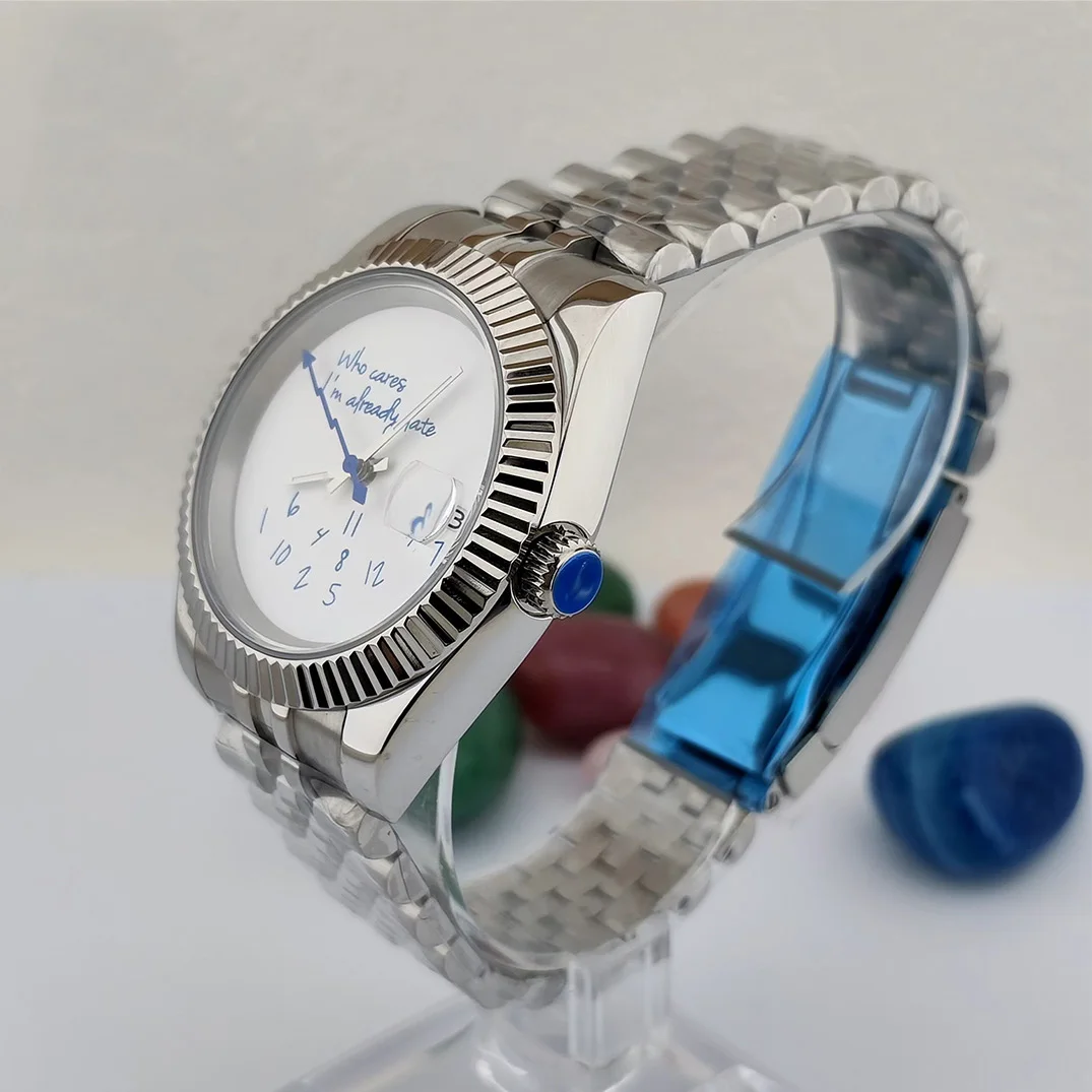 NH35 ساعة من يهتم أنا متأخر بالفعل ساعة 36 مللي متر/39 مللي متر بدون شعار نص أزرق ماتي الهاتفي الياقوت والكريستال والزجاج الحركة التلقائية #3