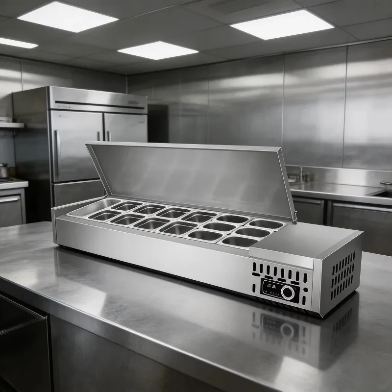 Stainless steel commercial salad bar display cabinet table with compressor cooling function, customizable size and color