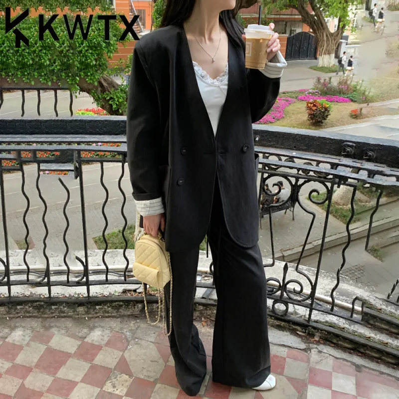 

KWTX Spring Summer 2025 Women's Two Piece Set Casual Blazer & Wide Leg Pants Vintage Pockets Soft High Quality Designer Luxury