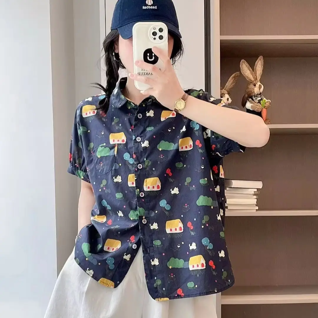 Harajuku fashion white green navy blue cartoon print shirts and blouses for women summer Japan style kawaii oversized shirts