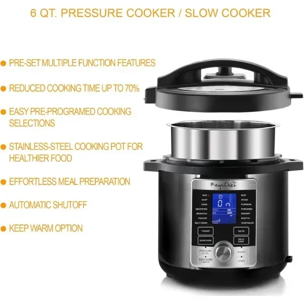 Megachef 6 Quart Stainless Steel Electric Digital Pressure Cooker with Lid