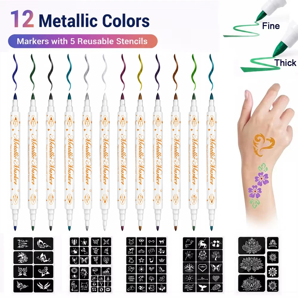 Temporary Tattoo Markers for Skin with 12 Body Markers Pen and 80 Stencil Designs Dual-End Tattoo Pens Make Bold and Fine Lines