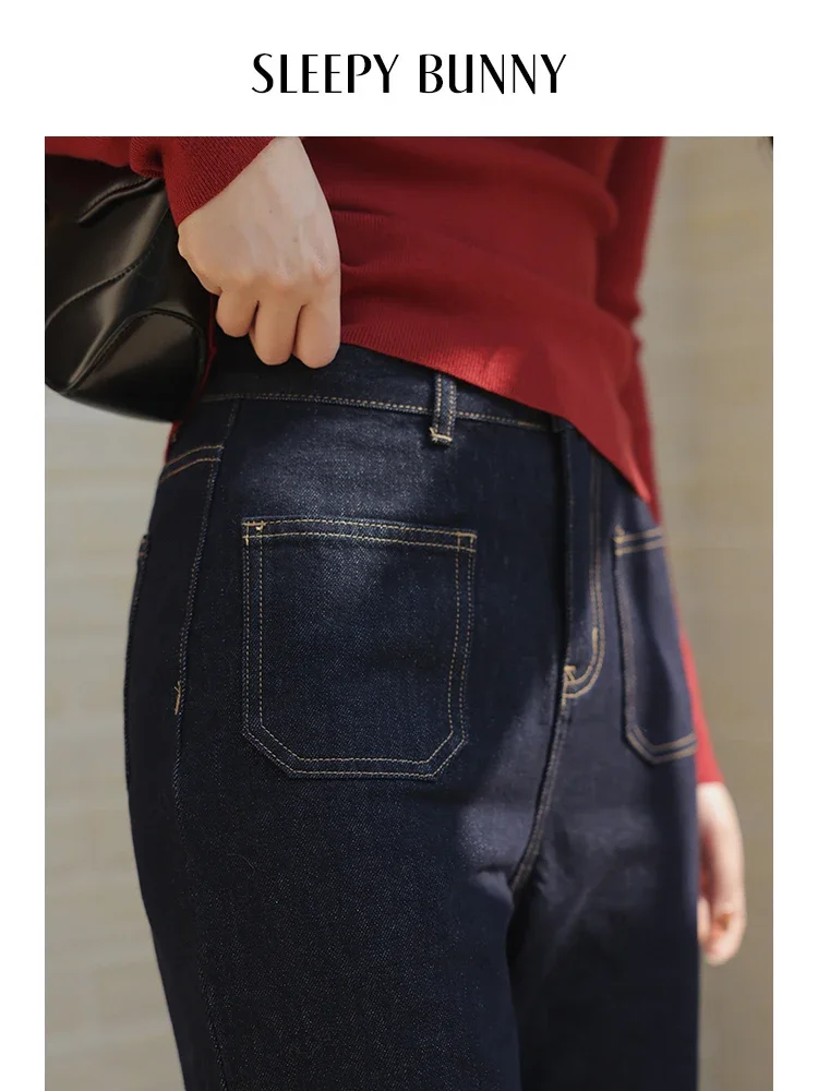 Women Retro High-Waist Flared Jeans Spring 2025 Dark Blue Wash Contrast Stitching Wide-Leg Bell-Bottom Casual Denim Trousers