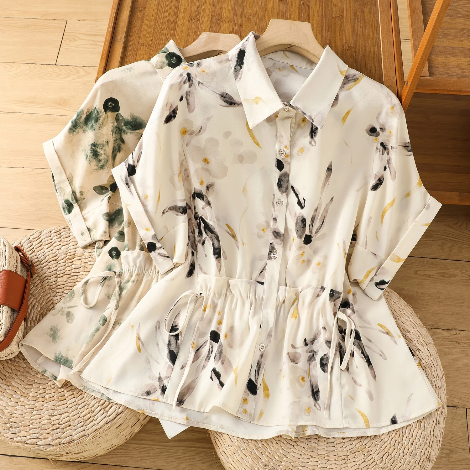 

Faionable Mommy Sle Thin Chiffon ort Sve irt Summer Clothing Light Weight Top Collar Plant Floral Print Butto...