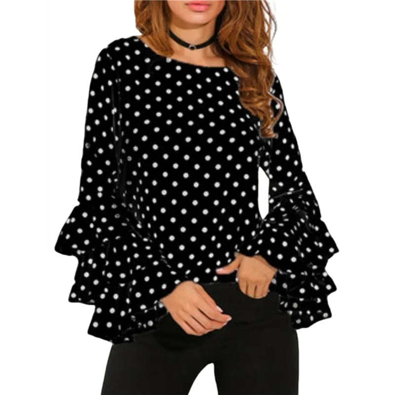 

Женский топ с рукавами-колокольчиками в горошек, шифоновая рубашка больших размеров со сложенными рукавами, топы-A55G