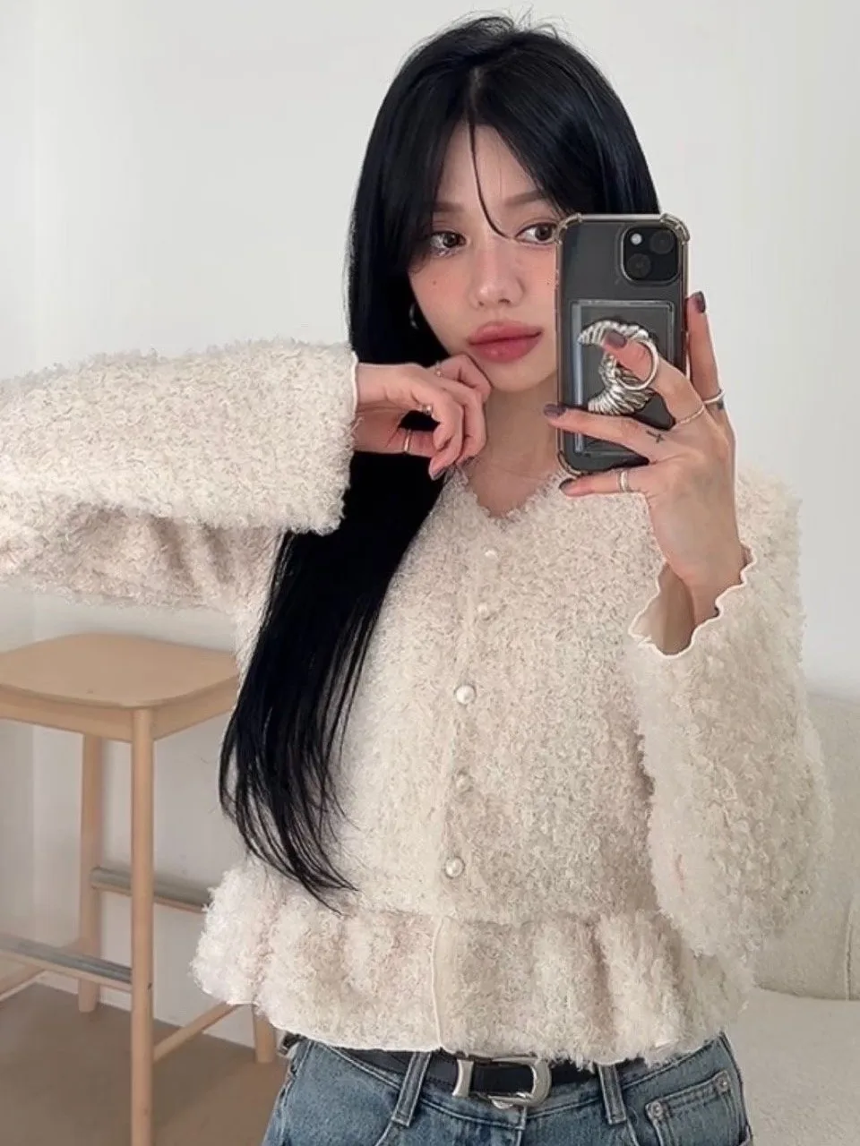 

Chic Sweet ort Lamb Fur Jaet Women's Single Button Gentle Personali Korean Sle Loose Fit Spring Outerwear