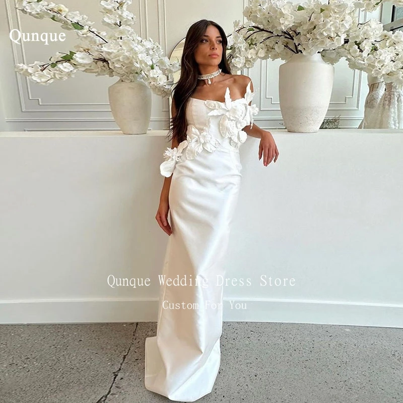 

Qunque Mermaid Satin Wedding Gowns Sexy Sleeveless Strapless Bridal Dresses Customized Flowers Vestidos De Novia Bride Gowns