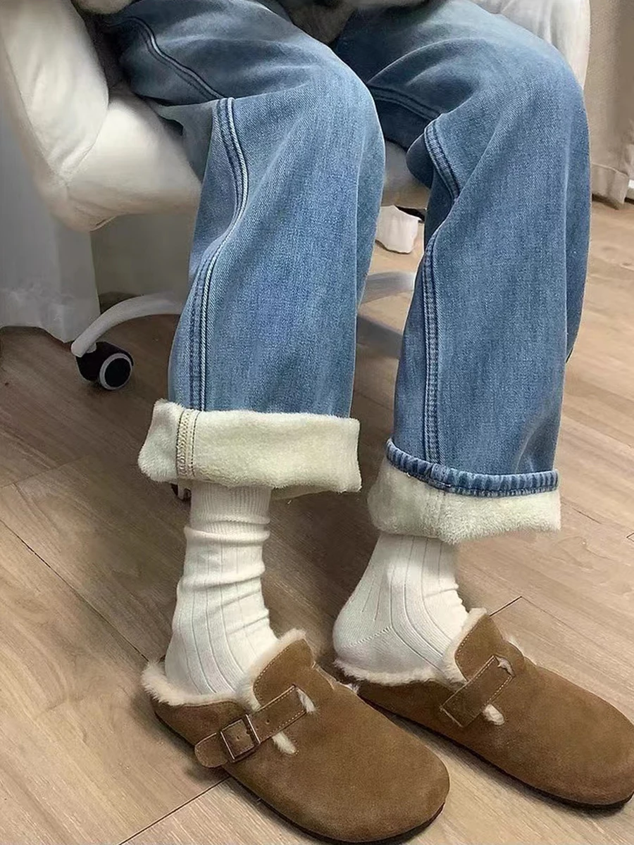 

Джинсы женские больших размеров Thiened Fce, с высокой талией, широкие штанины, осенне-зимние, теплые, стройнящие, свободного кроя, прямого кроя, из денима