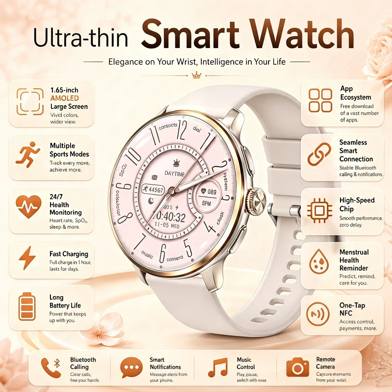 Women's Smart Watch 1.65" Screen Health Sleep Monitoring Sports Modes NFC Download Any App GPS Function Watch Faces Smart Watch