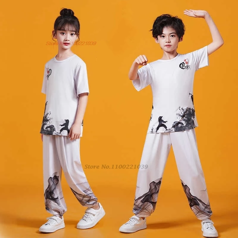 2025 chinese children wushu kungfu shaolin clothing martial arts kung fu suit national print training exercise performance suit