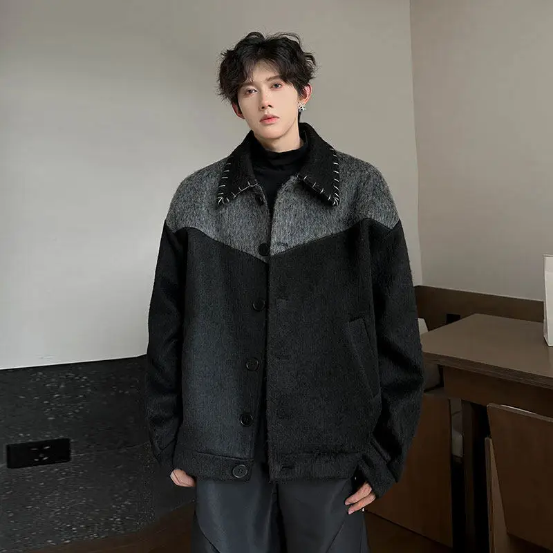 

Retro Autumn Winter Men's Tweed Coat Patchwork Fur Planting Embroidery High-End ape Woolen Coat Trendy Long Sve Coat