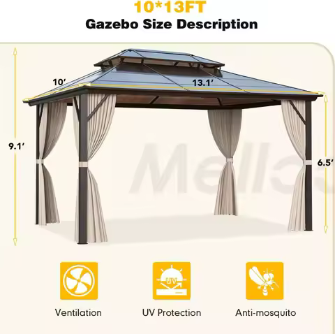 10x13ft Hardtop Gazebo with Double Roof, Waterproof Canopy, Netting &amp; Curtains for Outdoor Patio Deck