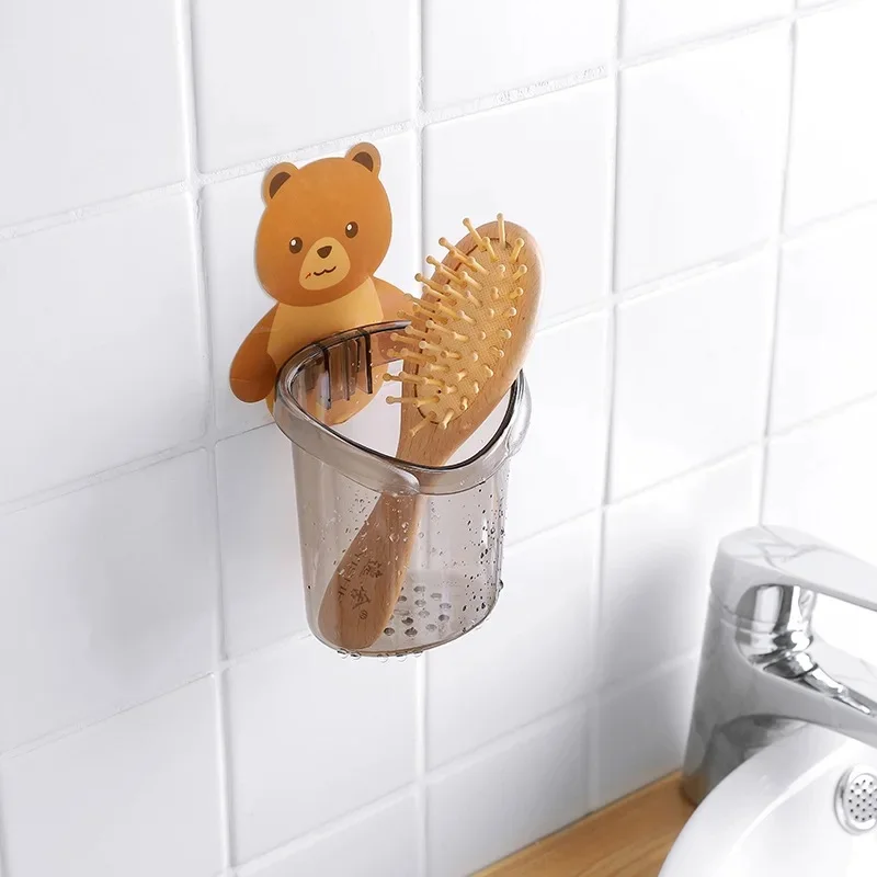 2pcs Cartoon Bear Hole-Free Wall-Mounted Storage Cup Toothpaste Organizer Bathroom Brush Holder Toothbrush Rack