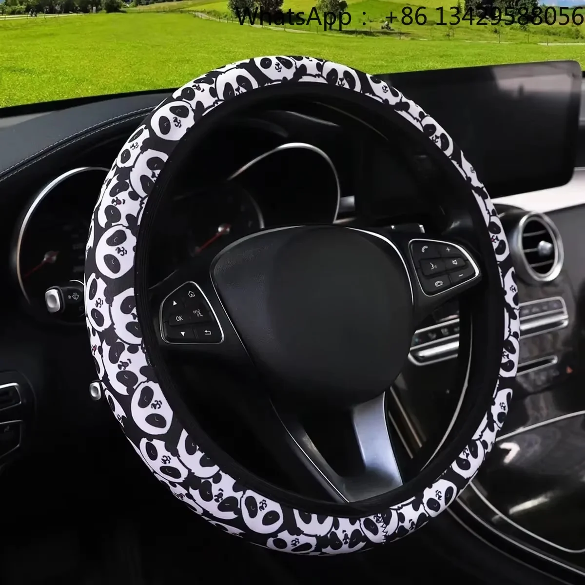 For 14.5-15INCH Flower Panda Spider Web Fabric Non-slip Car Steering Wheel Cover Without Inner Ring Car Accessories Suitable