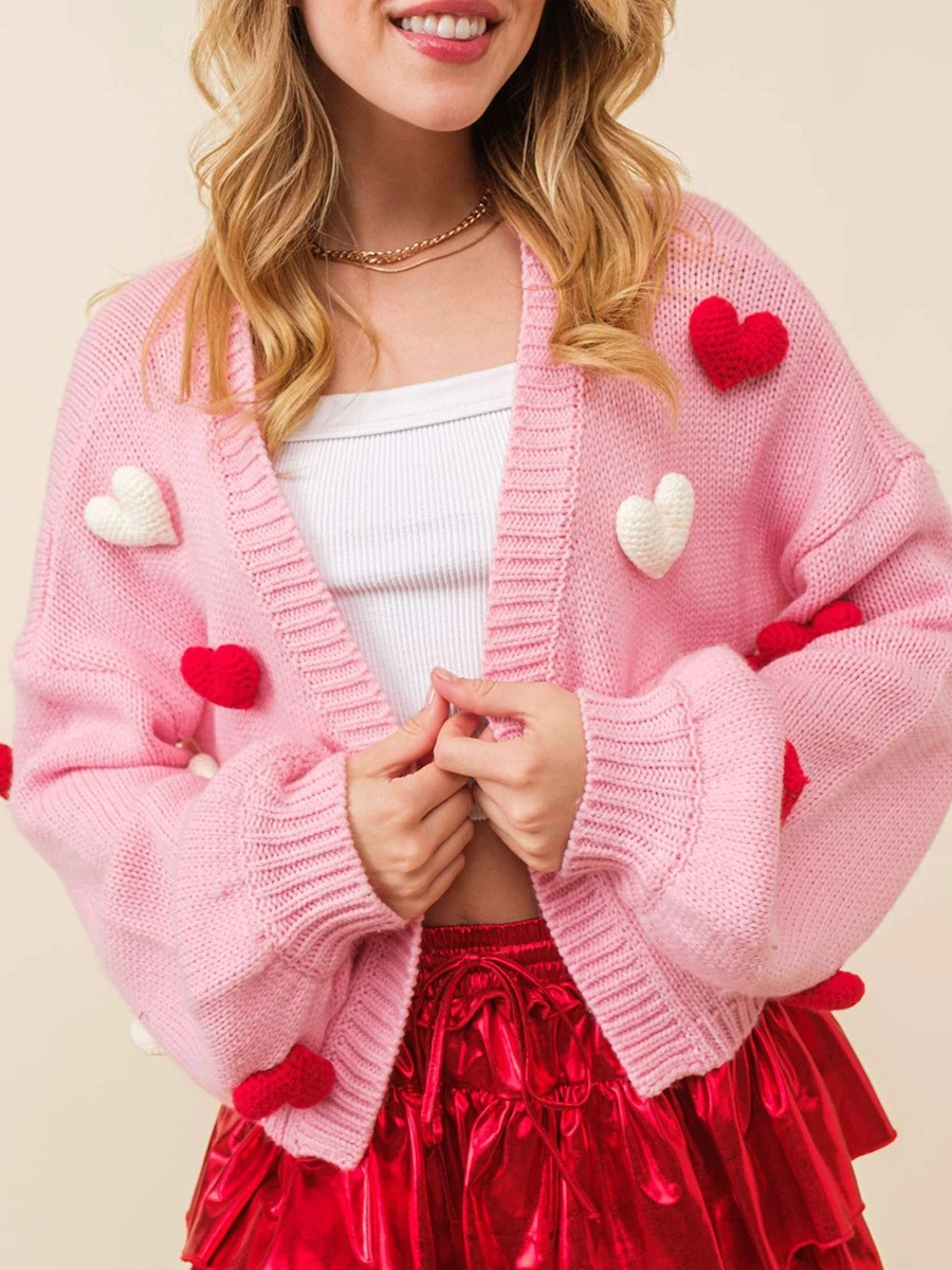 Women Valentine's Day Crop Cardigan Sweaters Sweet 3D Love Heart Embroidery Stylish Cozy Long Sleeve Knit Jacket Autumn Knitwear