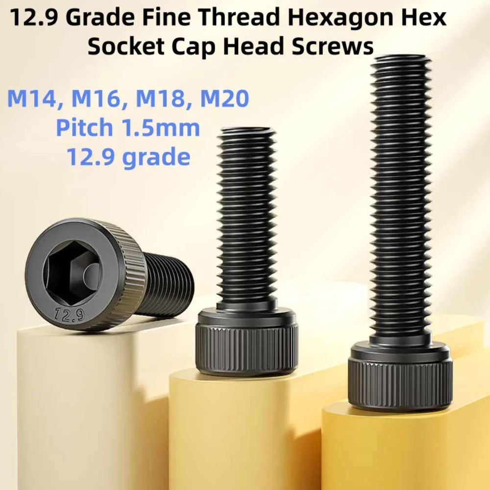 1Pc M14 M16 M18 M20 Black 12.9 Grade Fine Thread Hexagon Hex Socket Cap Head Screws Allen Bolts Pitch 1.5mm DIN912 L=25-100mm