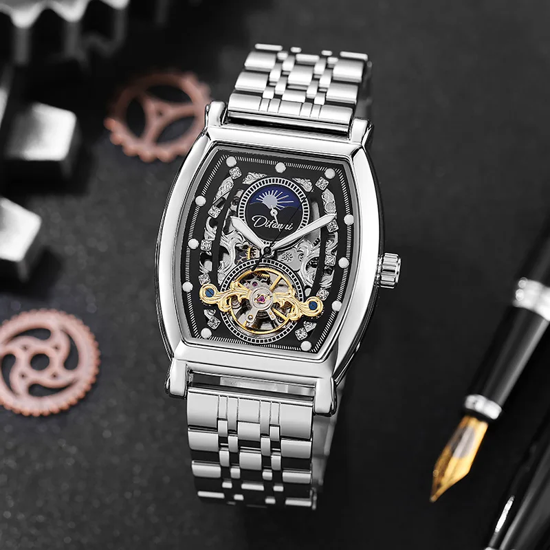 Stainless Steel Tonneau Full Skeleton Tourbillon Luminous Waterproof Self-Wind Automatic Watch for Men