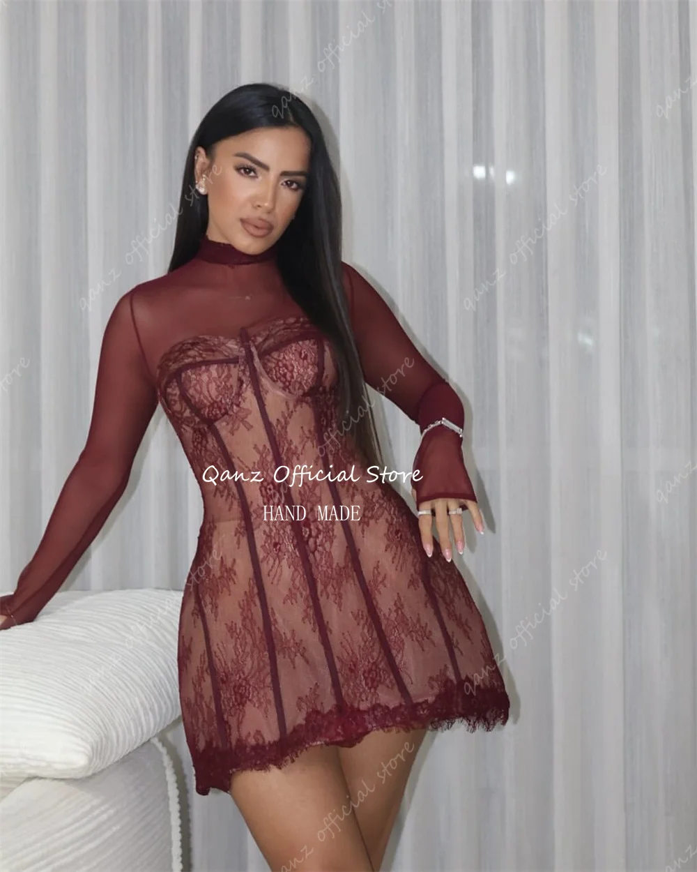 Qanz 2 piezas de vestidos de fiesta de encaje de manga larga vestidos de cóctel de novia pura ilusión corsé vestido de fiesta de cumpleaños personalizado