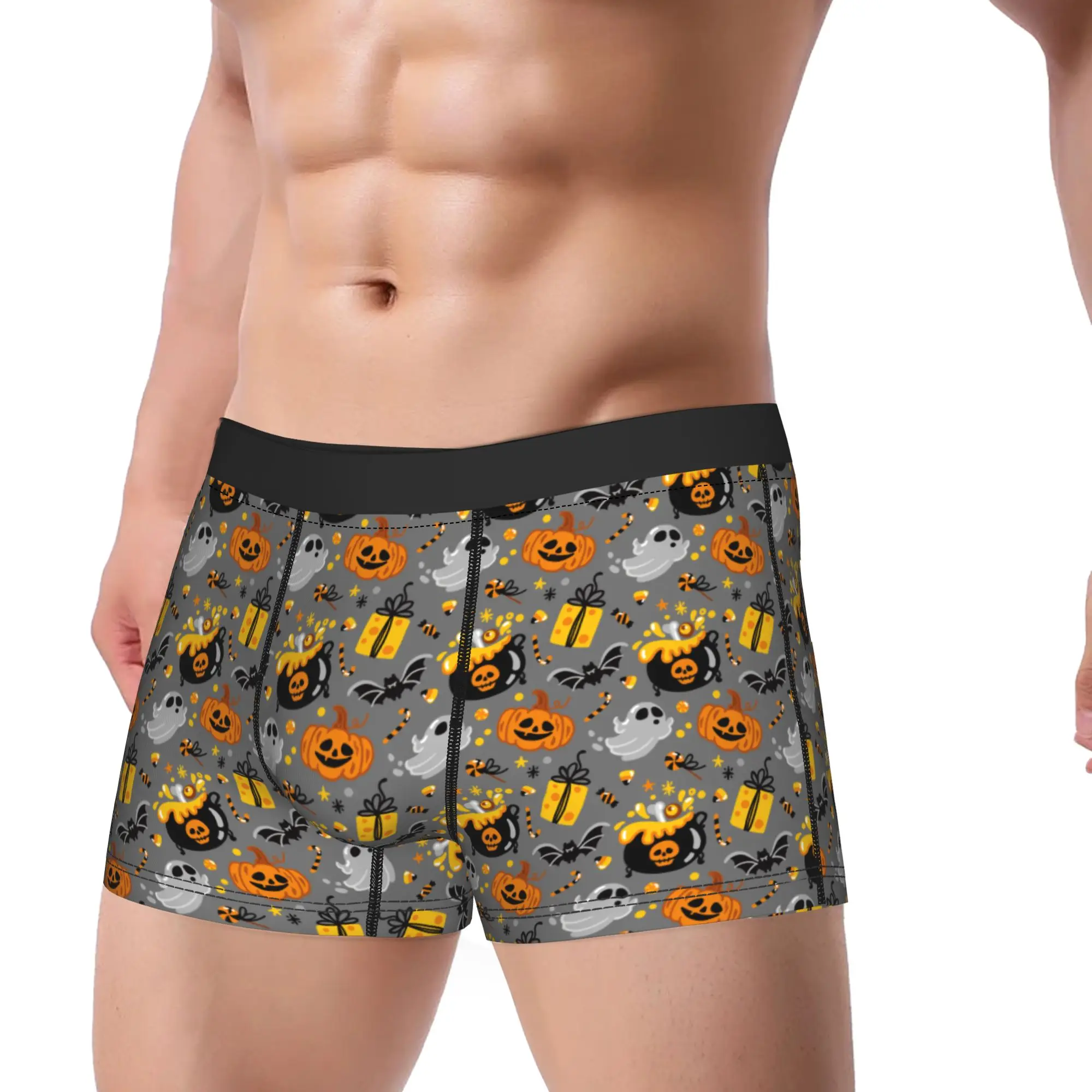 Men's Cartoon Halloween Ghost Pumpkin Long Underwear  Sexy Boxer Briefs Shorts Panties Male Polyester Underpants Plus Size