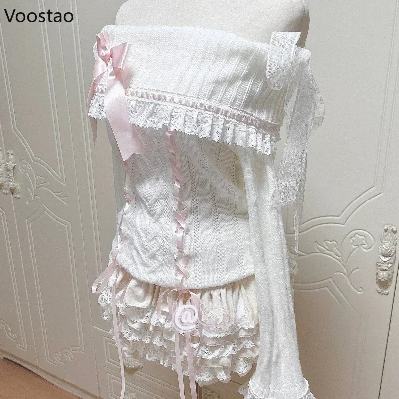 Pullover lavorato a maglia stile Lolita dolce giapponese donna Vintage Slash Neck Ruffles Lace Bandage Bow maglione ragazze Cute maglieria top